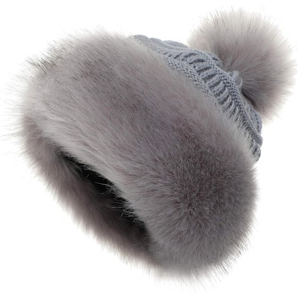 Women's  Light Grey High-quality faux fur and acrylic  Pompom Ski Snow Cap - Picture 1 of 7